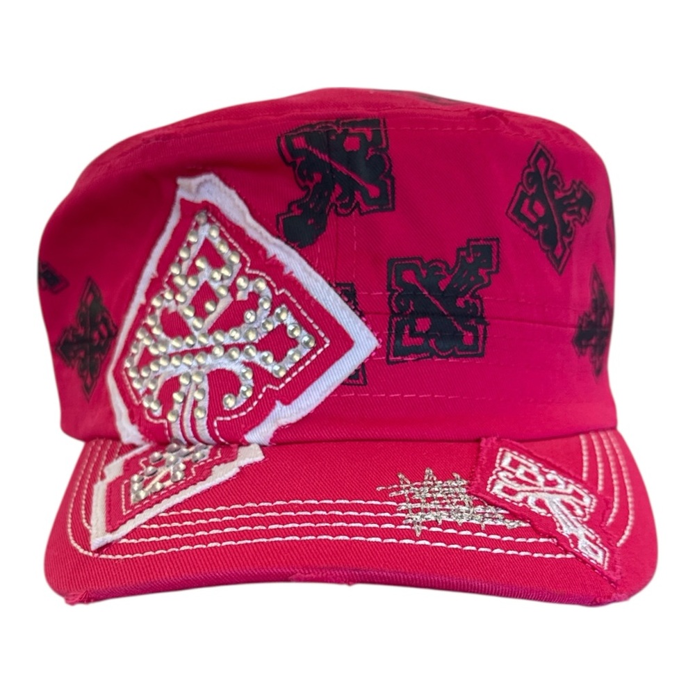 Hot pink  Rhinestone Cross Distressed Y2K Military Cap